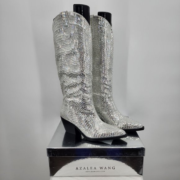 AZALEA WANG Driven Silver Sequin Mirror Tall Western Cowboy Boots 6-10 NWT - Picture 5 of 17